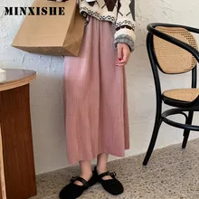 Весна modis полосатая Вельветовая розовая свободная Однотонная юбка миди для женщин с высокой талией и разрезом Повседневная Корейская зеленая Женская юбка