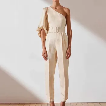 

Sexy Summer One Shoulder Puff Sleeve Jumpsuits Romper Women Brand High Waist Solid Long Jumpsuit Belt Female Casual Overalls