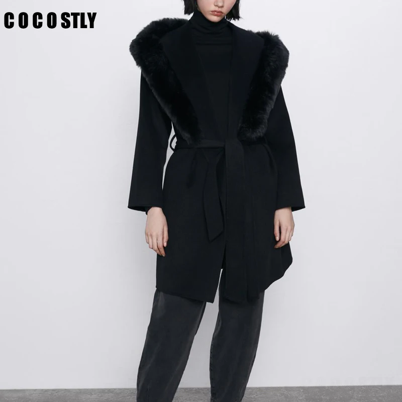 Осенне-зимнее женское пальто со съемным искусственным мехом, с отворотом, с длинным рукавом, шерстяное пальто, с карманами, с поясом, длинное теплое Черное пальто, Manteau Femme