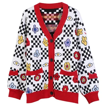 

new fall winter long sleeve knitting sweater coat v neck floral plaid pattern sweater cardigans