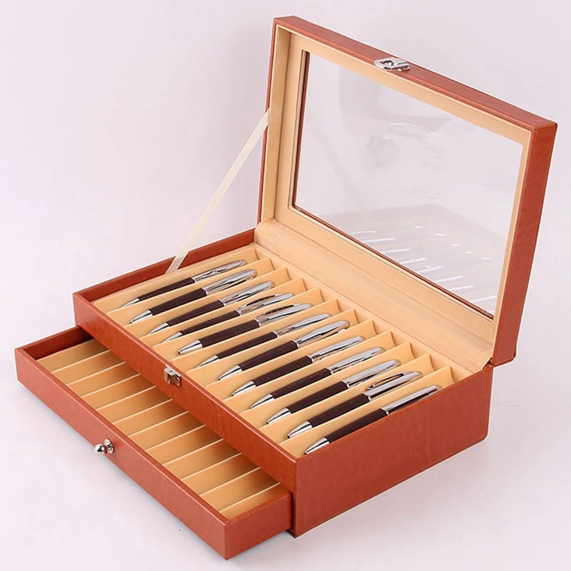 24 Slots Wooden Fountain Pen Display Case, Luxury Topped PU Leather Pen