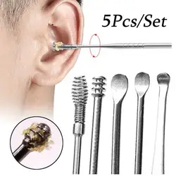 New 5Pcs/set Ear Wax Pickers Stainless Steel Earpick Wax Remover Curette Ear Pick Cleaner Ear Cleaner Spoon Care Ear Clean Tool