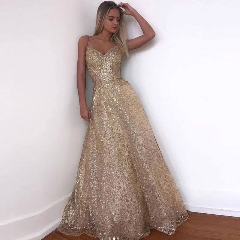 

Gorgeous Gold Sequined Prom Dresses 2019 Sparkle Sequin A-line Prom Gowns Sexy Backless Abiye Party Dress Robe De Soiree