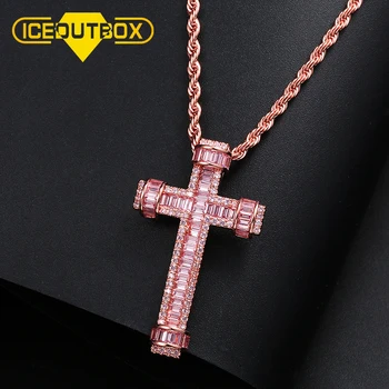 

Fashion Pink Baguette Cross Pendant Necklace For Women Men's Hip Hop Jewelry Iced Out Cubic Zircon Cuban Rope Tennis Chain Gifts