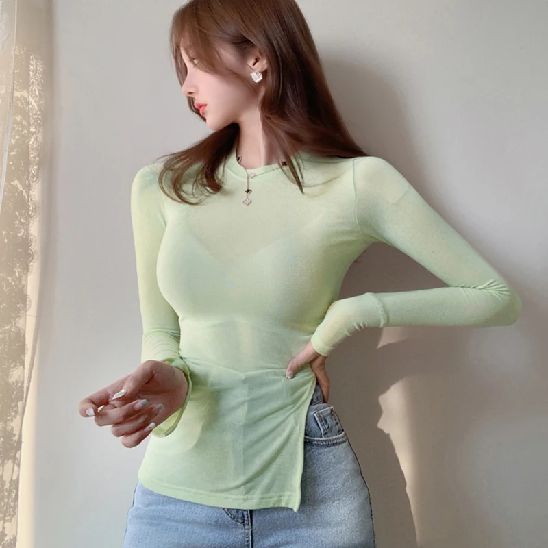 

Thin Summer Top Split T Shirt Women 2020 Elasticity Irregular T-Shirt Korean Style Woman Clothes Slim Long Sleeve Tshirt Female