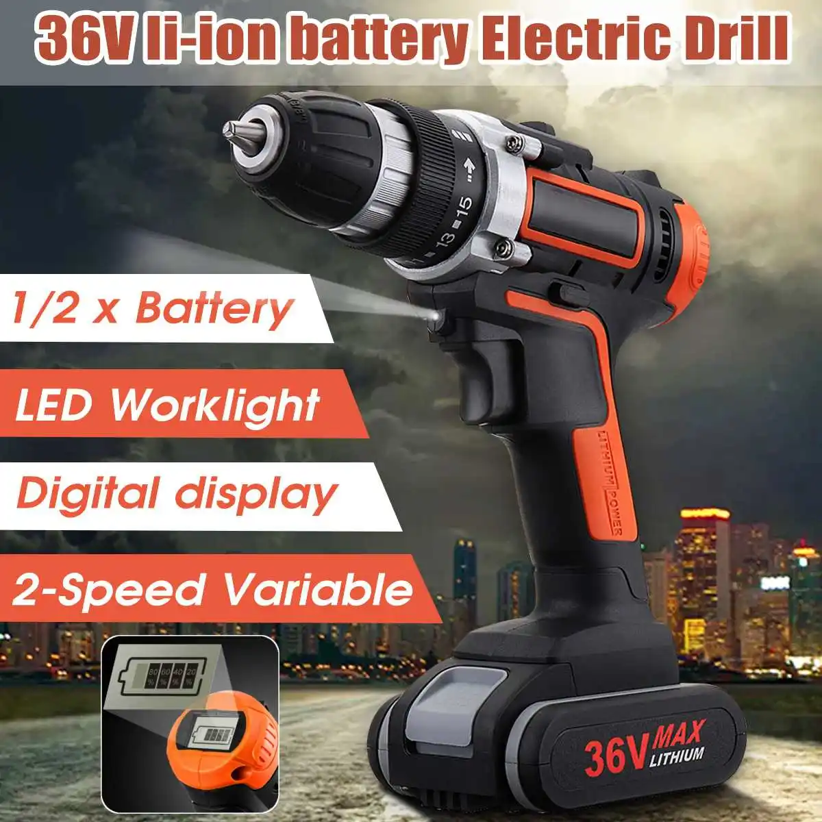 

36V LED Light Cordless Electric Drill 2 Speed Digital Display Lithium Battery Household Power Drills