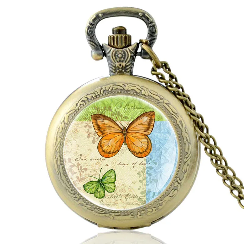 

Vintage Bronze Color Pretty Butterfly Glass Dome Quartz Pocket Watch Charm Women Chain Jewelry Gift