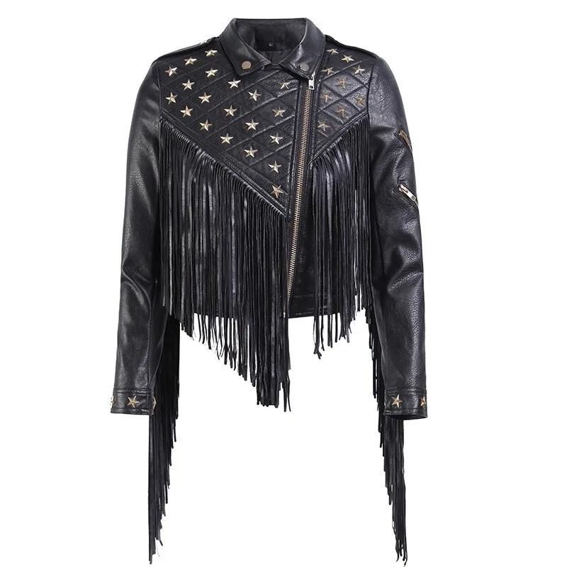 Весенне-осенняя куртка для женщин, индивидуальная длинная куртка с кисточками и заклепками из искусственной кожи, короткая мотоциклетная кожаная куртка, черное пальто со звездами, с шипами, 3XL