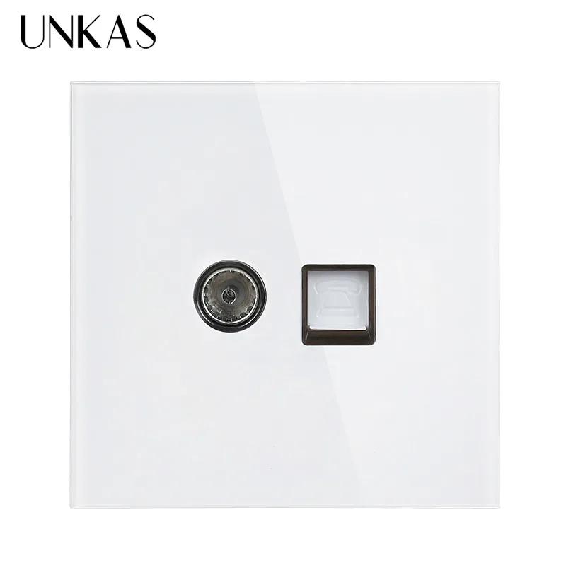 

UNKAS White Luxury Crystal Tempered Glass Panel RJ11 Tel Jack Telephone With TV Outlet Wall Data Computer Socket