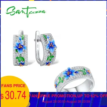 

SANTUZZA Silver Jewelry Set For Woman Blue Flower Ring Earrings 925 Sterling Silver Party Fashion Jewelry Set HANDMADE Enamel