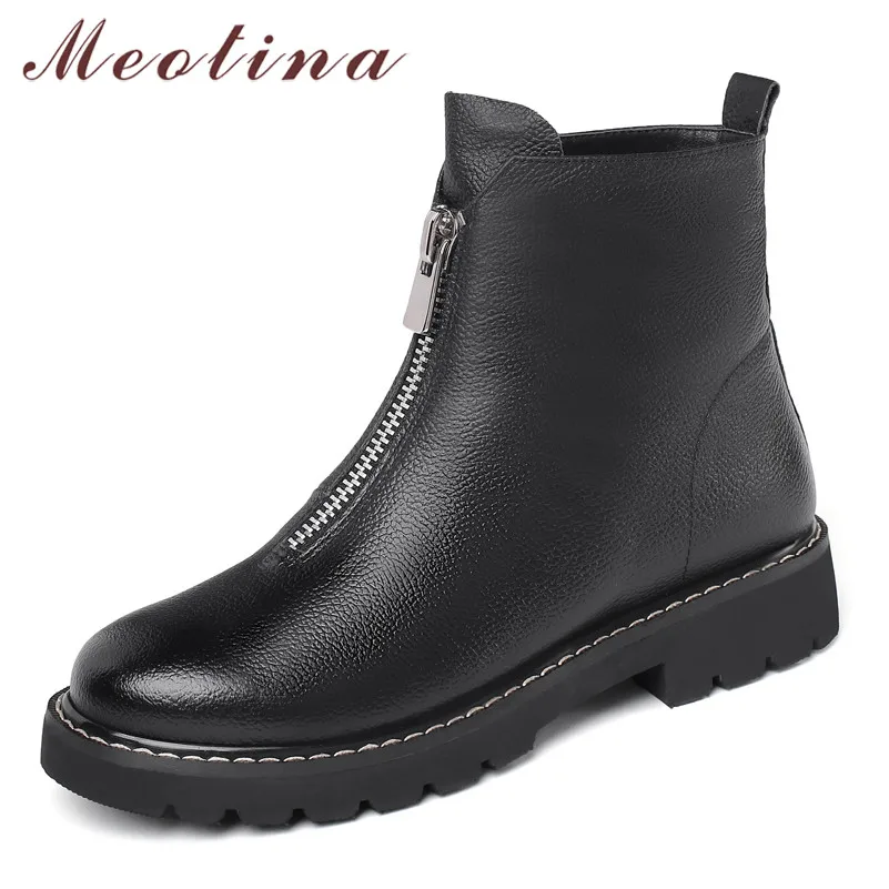 Meotina Winter Ankle Boots Women Natural Genuine Leather Thick Heel Short Boots Zipper Round Toe Shoes Ladies Autumn Size 34-39