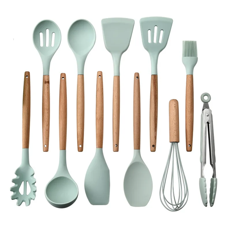 Green Silicone Utensils Cooking Kitchenware Tool Set With Wooden Multifunction Handle Non-Stick Spatula Ladle Egg Beaters Shovel