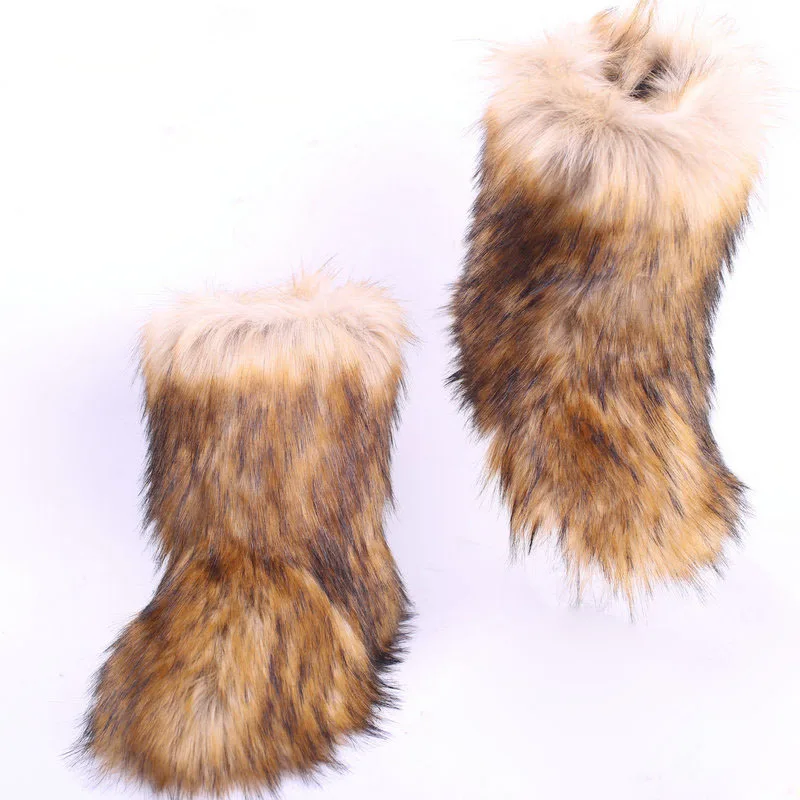 Популярные женские зимние ботинки на меху; лисий мех; радужные ботинки; женские плюшевые ботильоны на плоской подошве; Модные женские теплые зимние ботинки; обувь на платформе - Цвет: Raccoon fur