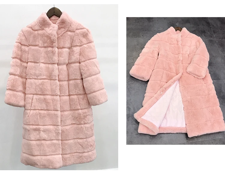 New Haining fur coat women's medium long Rex Rabbit Fur coat slim in winter real fur fur coat JN923 - Цвет: pink