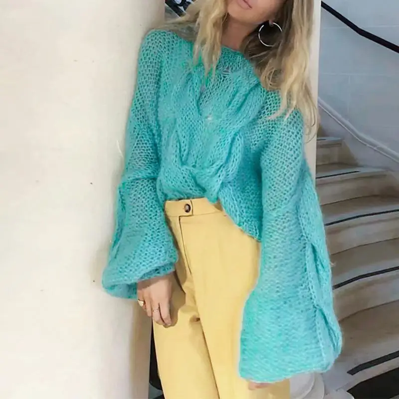 Misswim Casual loose mohair women pullover Autumn winter oversized sweater female lantern sleeve orange sweater jumpers mujer