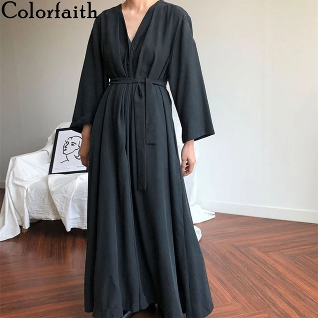 Colorfaith New 2021 Women Spring Summer Dresses Lace Up Casual Button Fashionable V-Neck Vintage Oversize Pure Long Dress DR1150 3