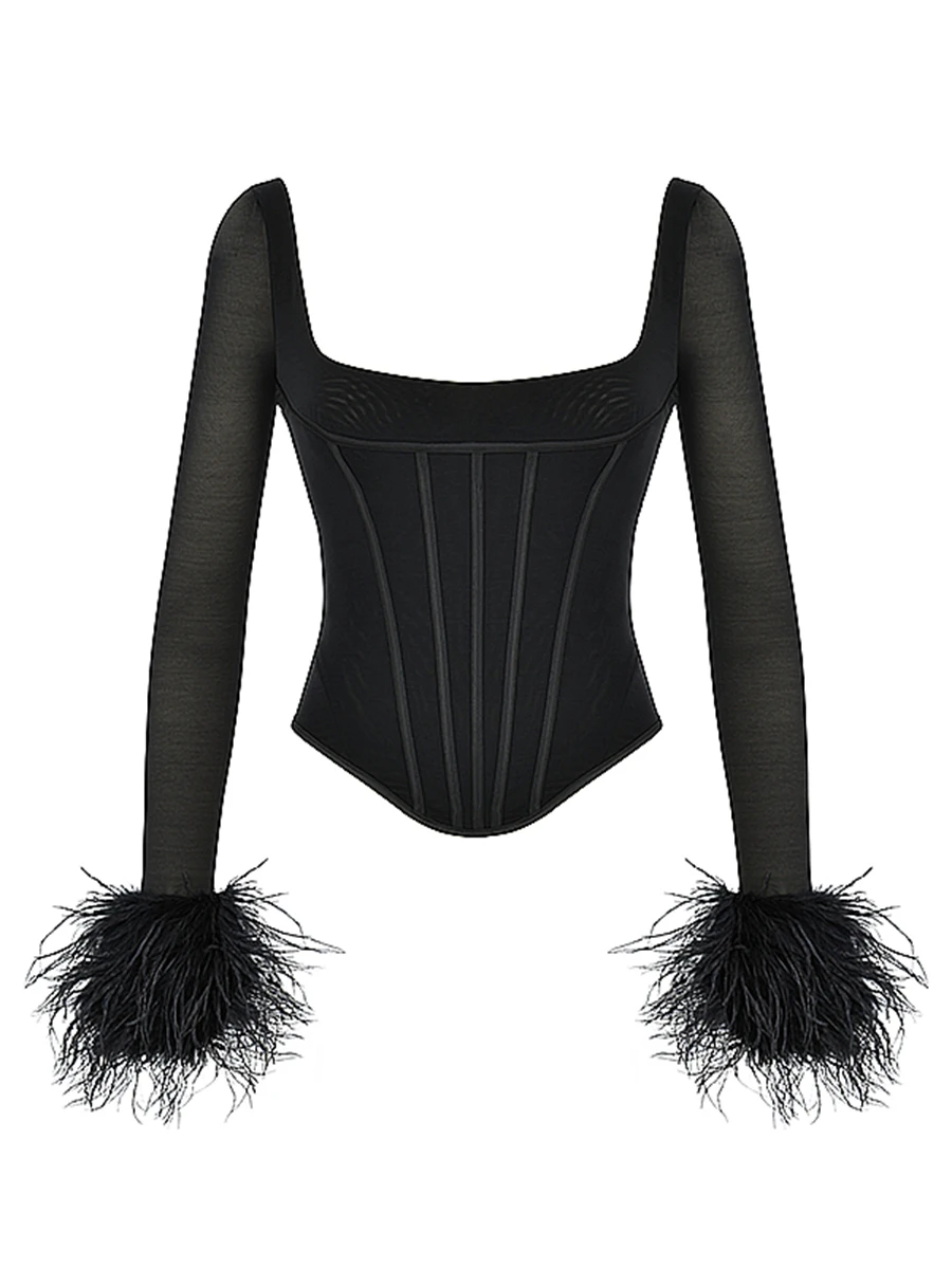 Chicology mesh feather corset long sleeve top women sexy t shirt 2022 spring summer clothes sexy tshirt Y2K bodice t shirt oversize