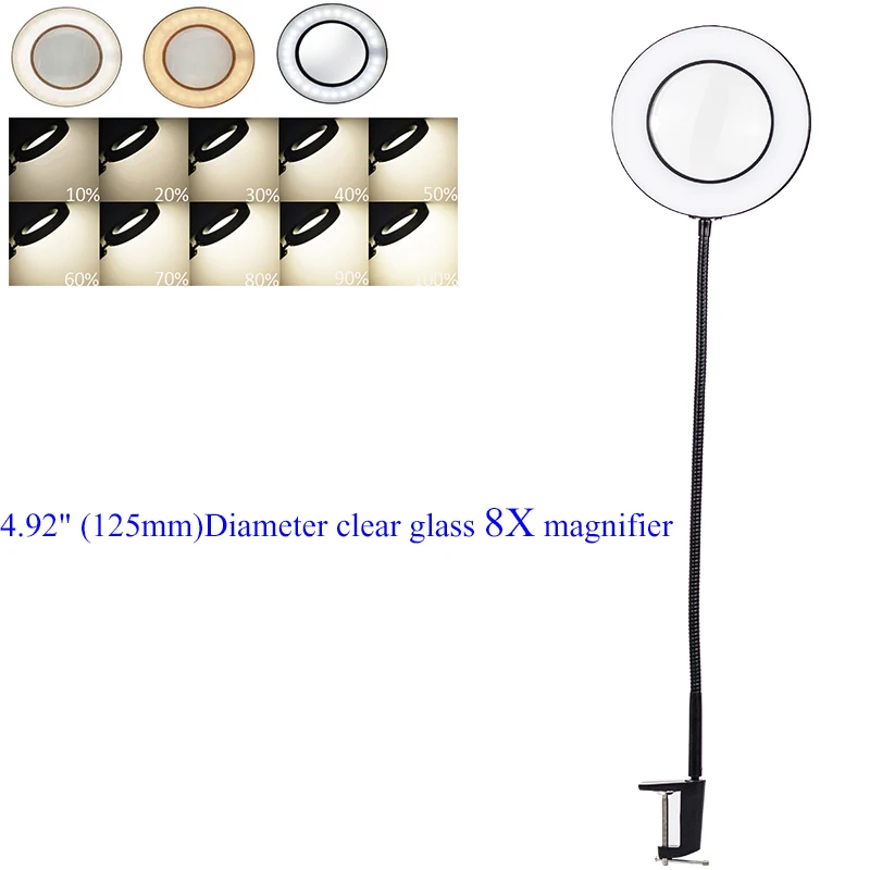 Large Glass 8X Magnifier lens Desk Table Clamp Flexible Cold white warm light Manicure Beauty Skincare fingernail Reading Solder