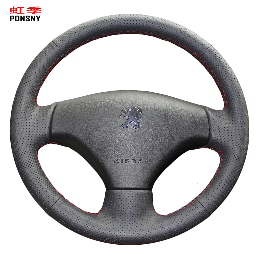 

PONSNY Artificial Leather Car Steering Coves Case for Peugeot 206 207 Hand-stitched Wheel Cover