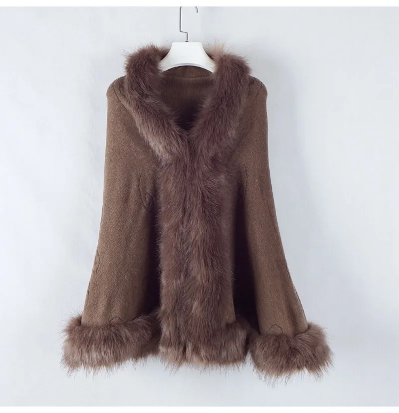 Khaki2 Осенне-зимняя модная женская накидка из искусственного лисьего меха с большим шерстяным воротником, пончо, большие размеры Трикотаж, шаль, женский теплый кашемировый плащ - Цвет: Khaki2