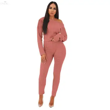 

Women Outfits Knitted Two Piece Set O Neck Long Sleeve Pullover Crop Top + Skinny Pants Highly Stretchy Women Two Piece Outfits