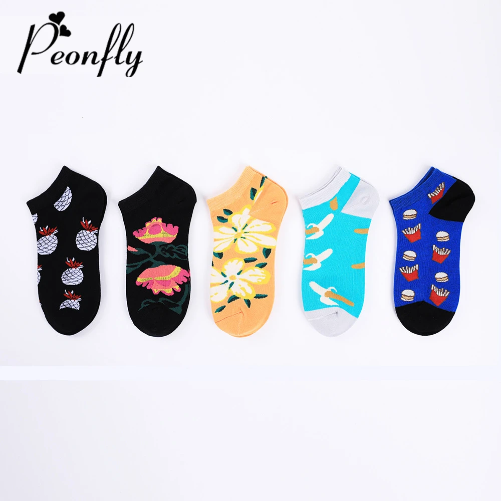 

PEONFLY Novelty Men Ankle Socks Cotton Funny Hamburger Pineapple Pattern Socks Colorful Breathable Slippers Short Ankle Socks
