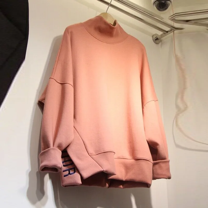 

2019 Autumn New Women Hem Open Fork Letter Embroidery Half-height Collar Cover Head Cover Turtleneck Sweatshirt Women