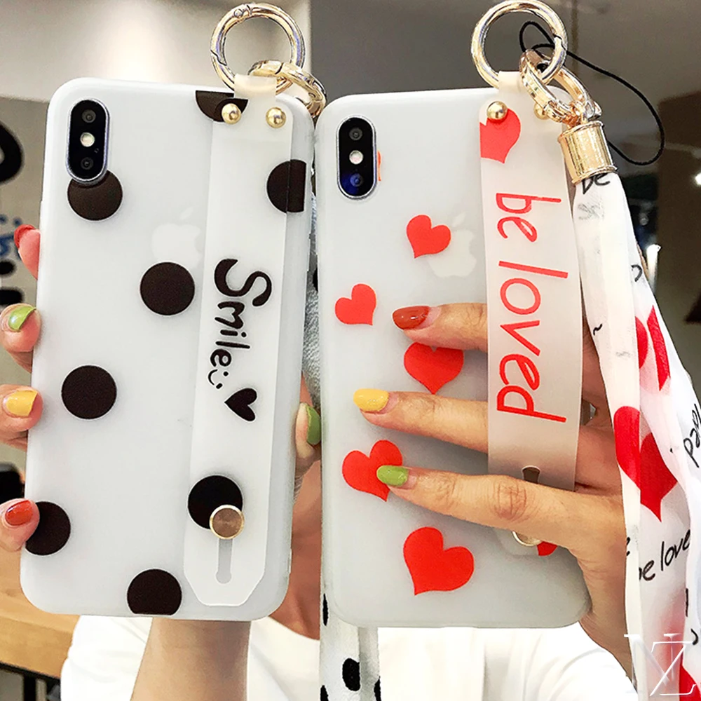 

Wristband Soft Cases For iPhone 6S 7 8 7Plus X XR XS Max red heart black dot Back Coque Case with Sling Lanyard