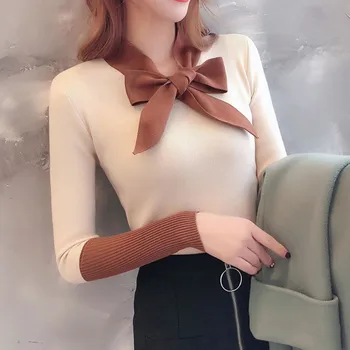 

Sweet Sweater Women Autumn New Bow Decoration Casual Sweater V Neck Long Sleeve Stitching Knitted Pullover Sweater 5Colors
