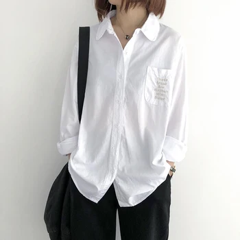 

2020 Spring New Fashion Women Long Sleeve Casual Shirts Letter Embroidery 100% Cotton Loose Blouses Tops Femme Blusas S297