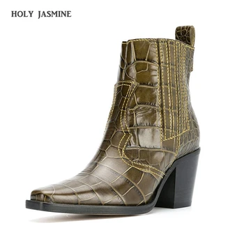 

2020 New Winter Basic Women's Shoes Fashion Ankle Boots Women Mid Heel Stone Grain Zipper Square Heel Pointed Toe Women Boots