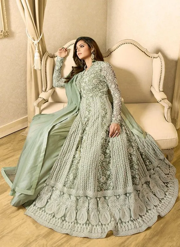 Pakistani prom Dress Embroidery Anarkali Gown lace applique long sleeve caftan kaftan Bollywood Party evening gown mint green