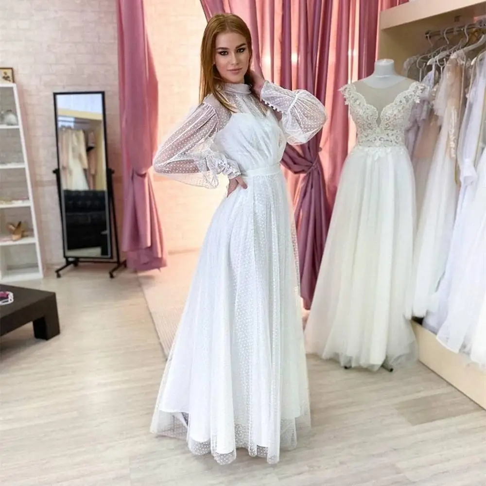 

Long Sleeve Wedding Dress High Neck Floor length Point Net Princess Bridal Gown For Petite Women Robe De Mariee Tulle Stunning