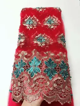 

African Beaded Lace Fabric Embroidered Nigerian Laces Fabric 2019 High Quality red French Tulle Lace Fabric For Women FJU212