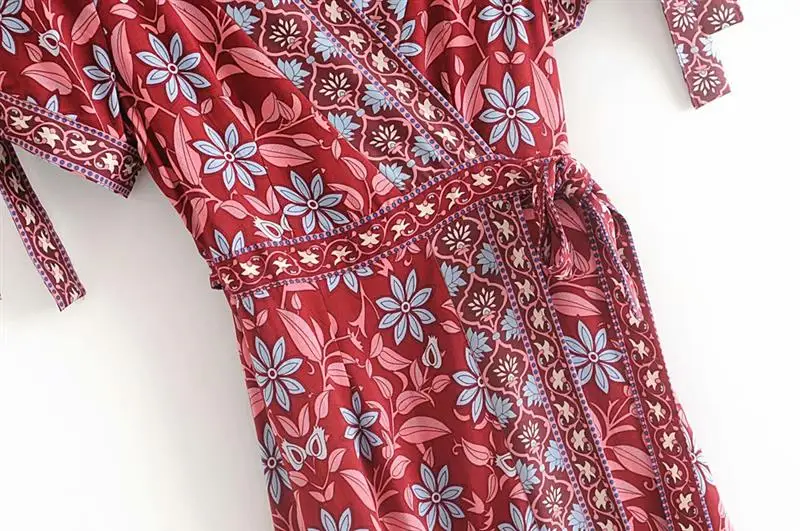 TEELYNN wrap dresses осеннее вискозное красное платье с цветочным принтом сексуальное Цыганское Платье с v-образным вырезом boho платья для женщин vestido