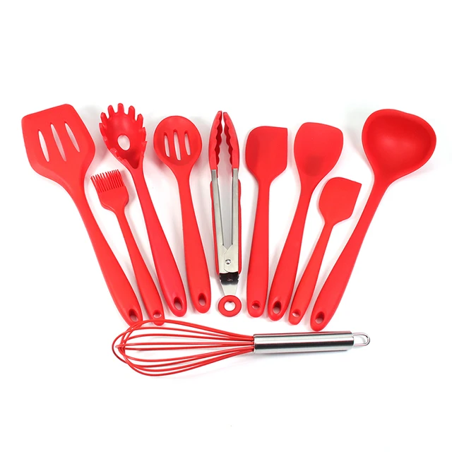 Red Heat Resistant Cooking Utensil Set from Nonstick Silicone