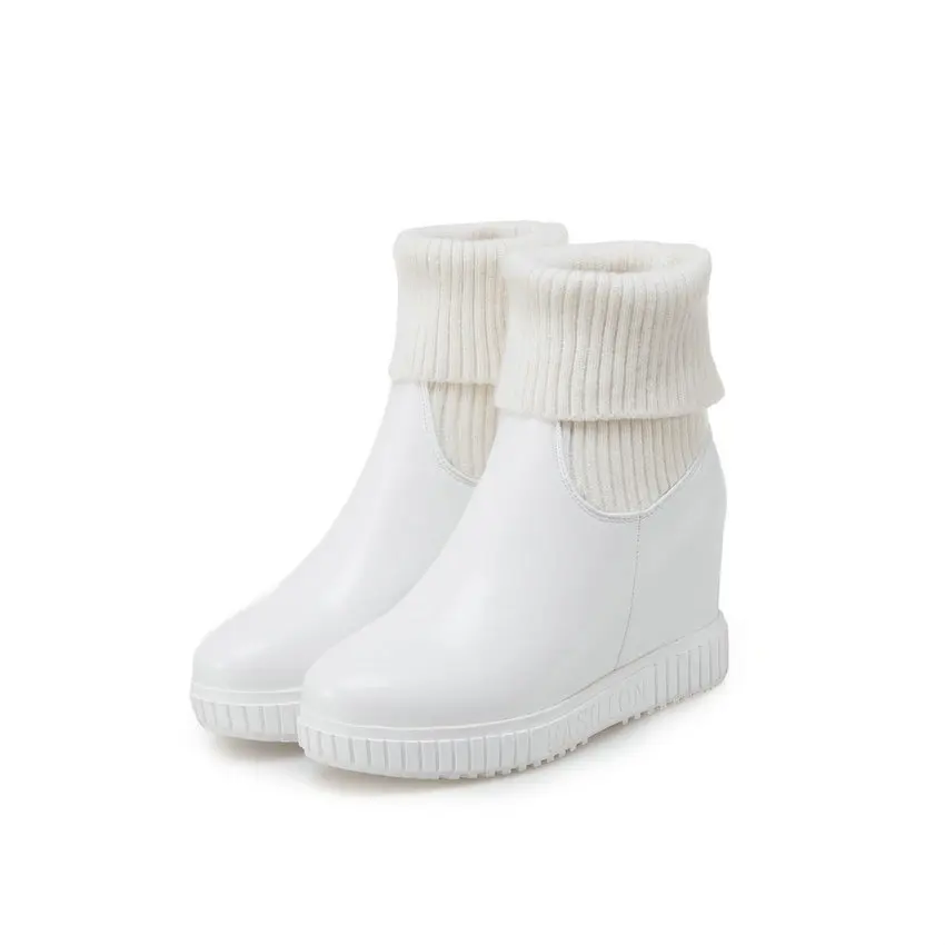 Белый QUTAA Fashion Platform PU Leather Knitting Height Increasing Slip on Ankle Boots Round Toe Warm Fur Women Shoes Size 34-43 - Цвет: Белый