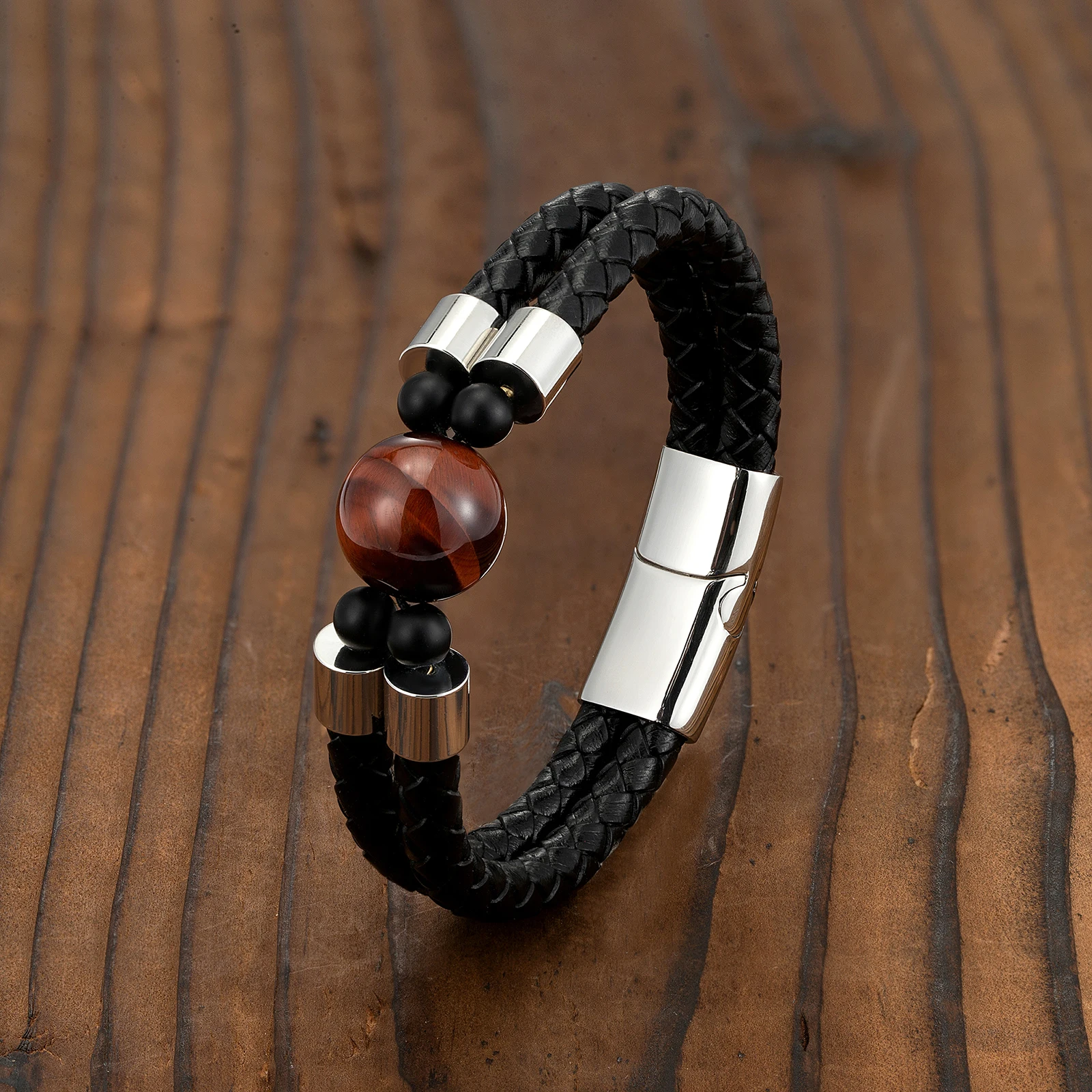 

2021 Classic Natural Round Tiger's Eye Double-Layer Leather Braided Rope Stainless Steel Men's Bracelet