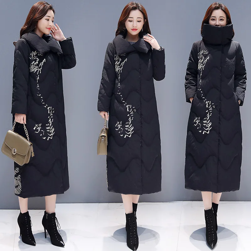

2018 Winter Mid-length Fashion Embroidered Slim Fit Cool Long Sleeve Fold-down Collar Pocket Comfortable Cotton-padded Clothes