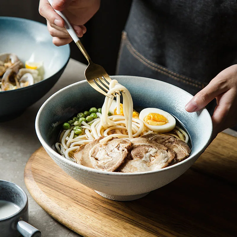 FANCITY 8 Inch Japanese Ramen Bowl Ceramic Noodle Bowl Stripe Design Large  Soup Bowl Restaurant Household Retro Dinnerware