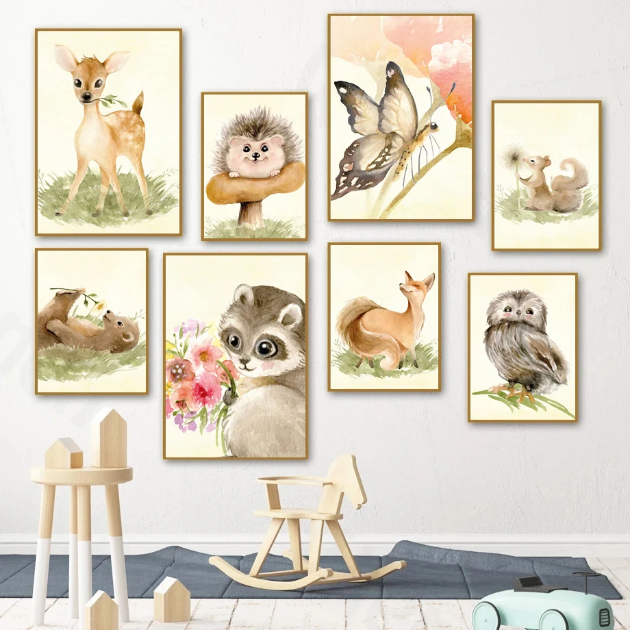

Cute Cartoon Animals Poster Deer Hedgehog Bear Fox Squirrel Owl Butterfly Wall Art Canvas Painting Wall Pictures Kids Room Decor