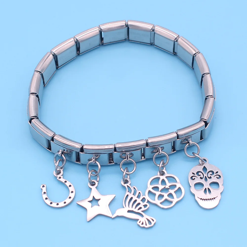 Браслет Hapiship 9 мм из нержавеющей стали с ромашками Sun Skull Birds Star Heart Italian Charm для