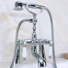 

Silver Polished Chrome Brass Bathroom Bath Clawfoot Tub Mixer Tap Faucet Hand Shower Double Ceramic Handles Deck Mounted mna111