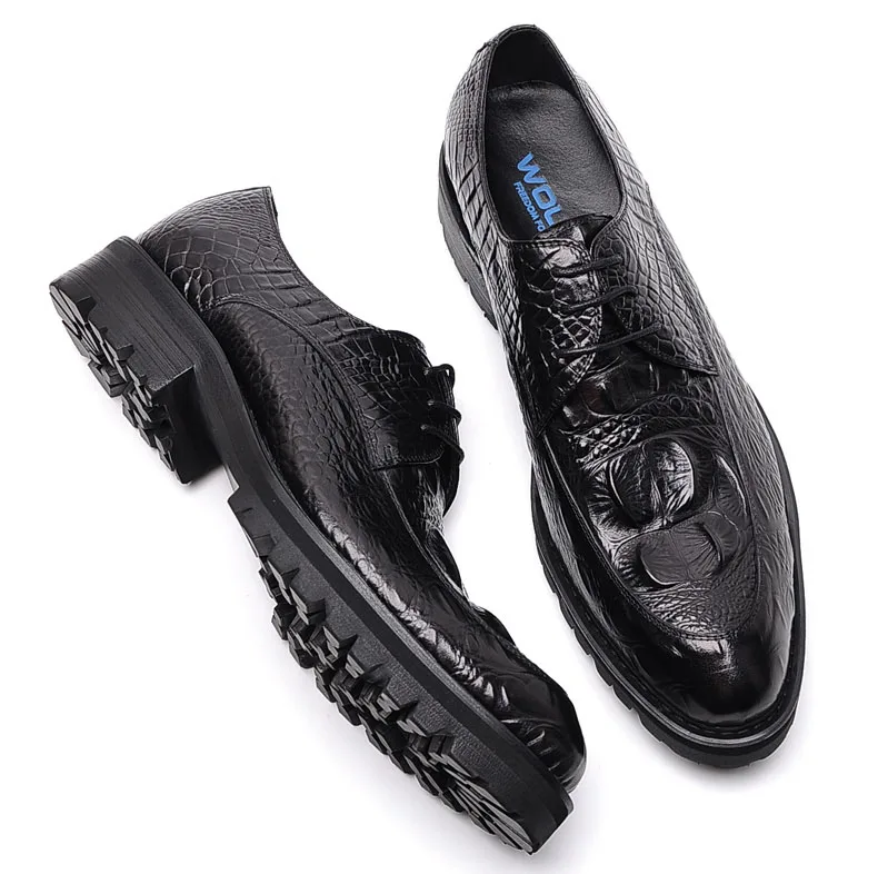 QYFCIOUFU New Fashion Alligator Pattern Single Lace Up Formal Shoes Men Pointed Toe Dress Shoes Breathable Groom Wedding Shoes