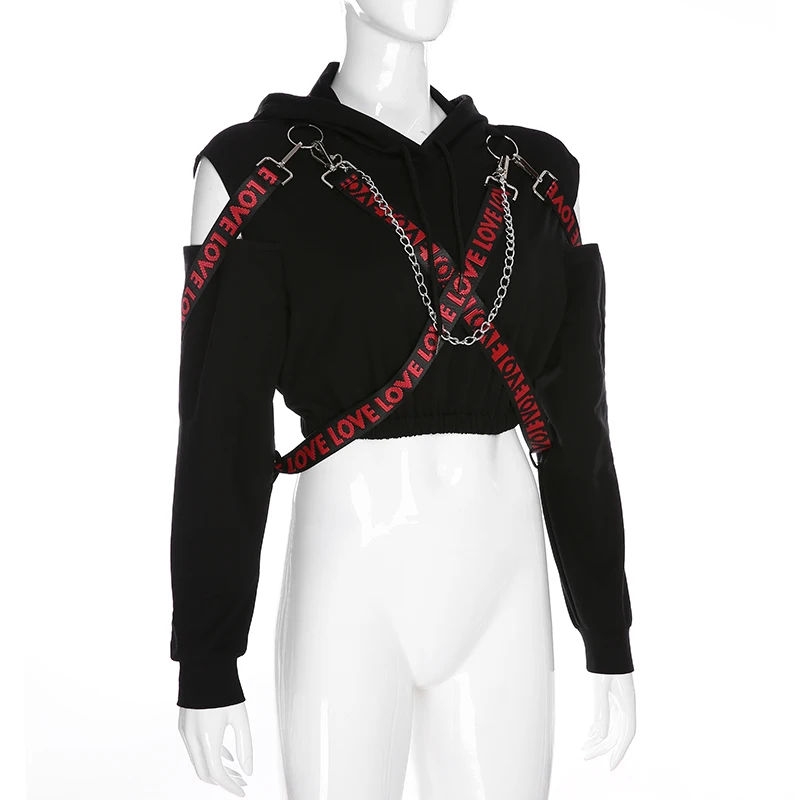 Iamhotty Black Moletom Feminino Inverno Off Shoulder Chain Ring Bandage Pullover Punk Style Solid Oversized Hoodie Trendy Femme