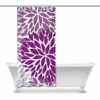 

Dahlia Pinnata Flower Purple and Gray Fabric Bathroom Shower Curtain Decor Set with Hooks,