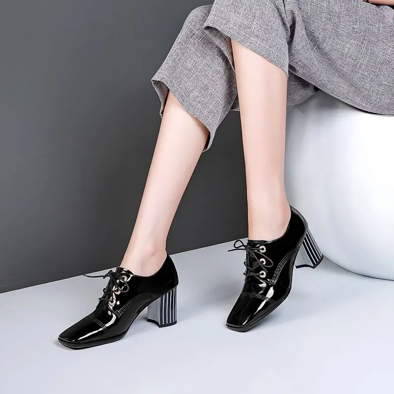 ALLBITEFO hot sale genuine leather women heels spring autumn Pure color comfortable high heel shoes Frenulum office ladies shoes