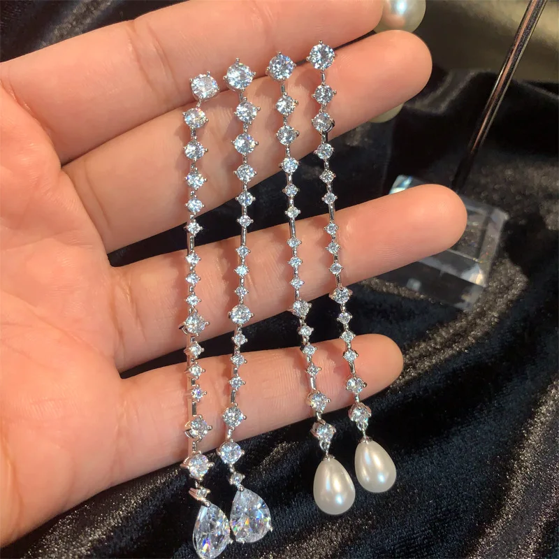Crystal Bridal Long Water Drop Earrings for Women White Color Wedding Engagement Chain Dangle CEL1064 | Украшения и аксессуары