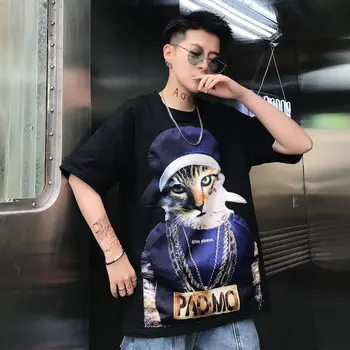 

Cotton t-shirt 20 summer new Big size tide cool cat hip-hop loose Harajuku style short-sleeved student black Best Free shipping