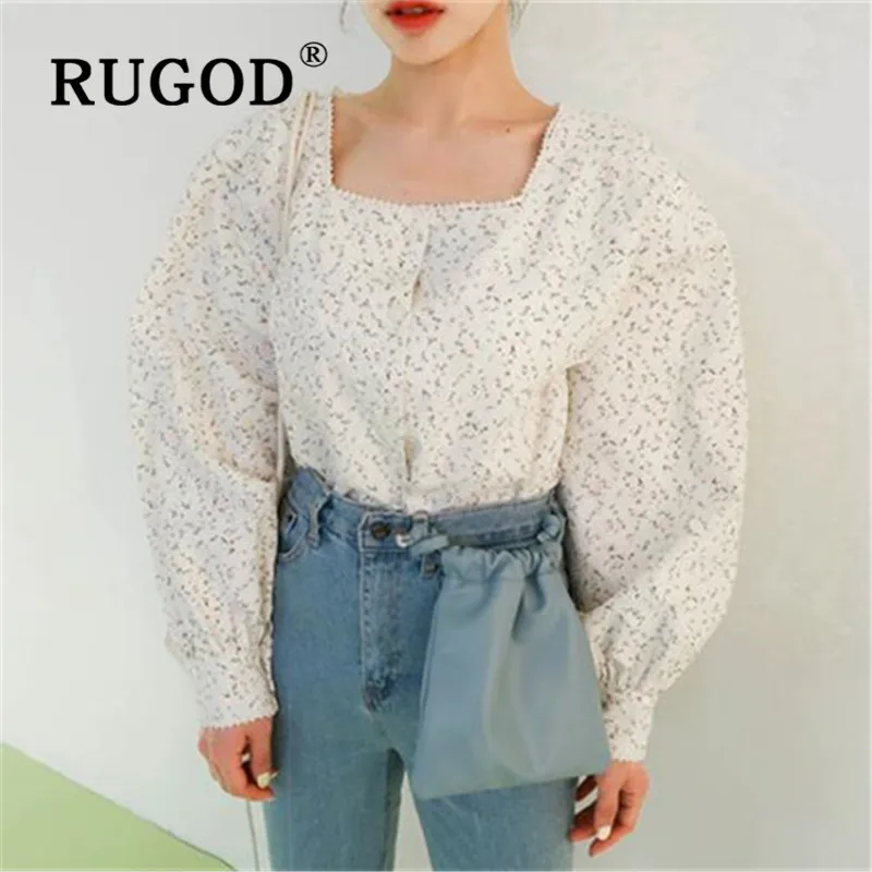 RUGOD, женская блузка, элегантная, с принтом, квадратный воротник, рукав-фонарик, для офиса, для девушек, рубашки, корейский стиль, ins auturm, однобортный Топ
